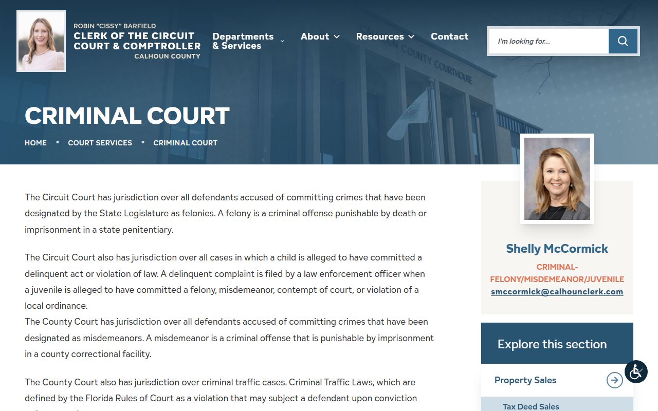 Calhoun County Clerk criminal court page for court records after a jail arrest