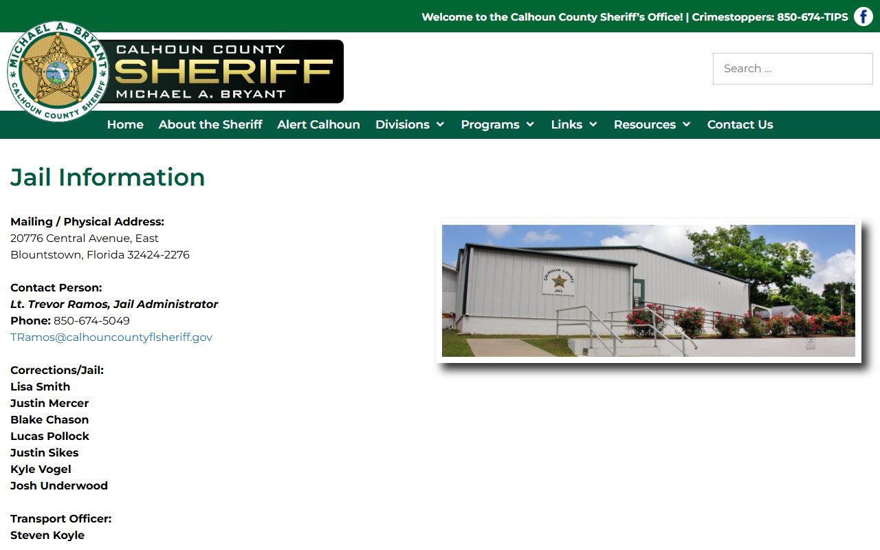 Calhoun County Jail information page used to look up inmates and confirm contact details