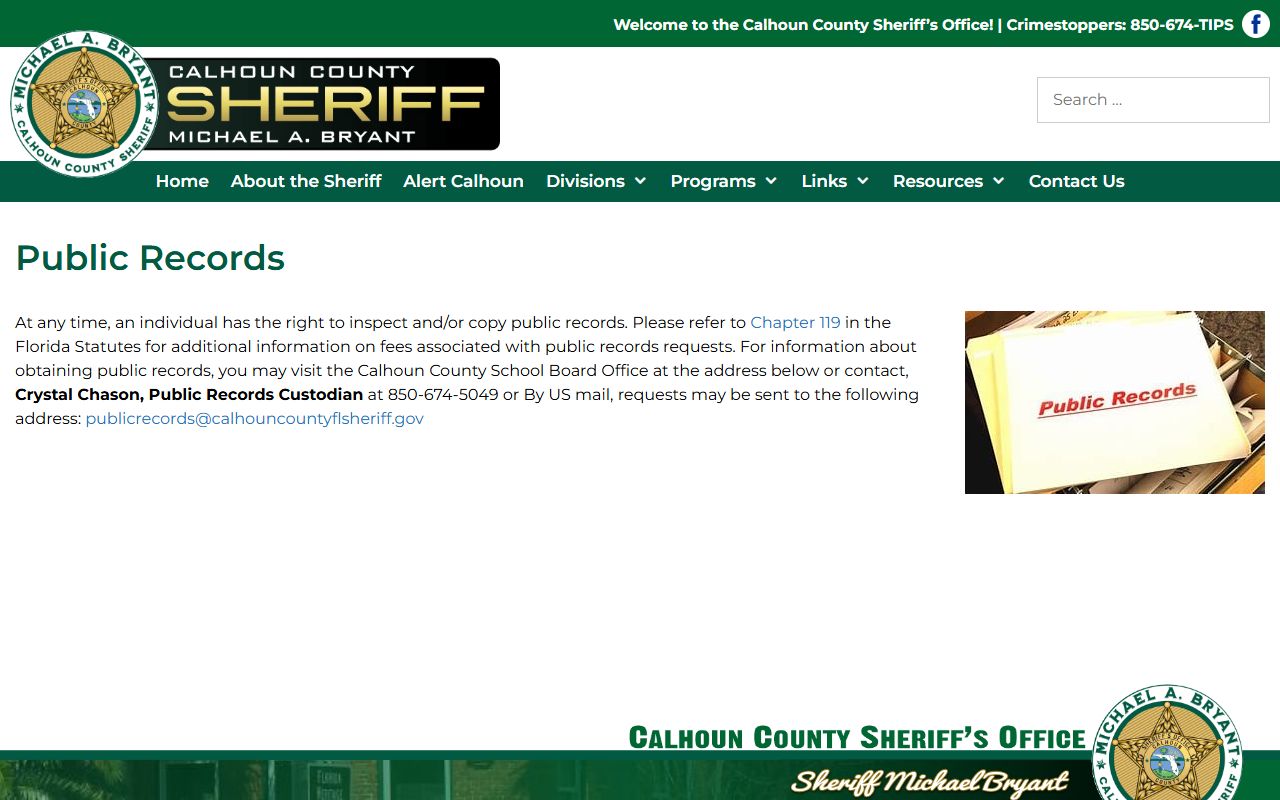 Calhoun County Sheriff public records page for requesting a jail booking photo