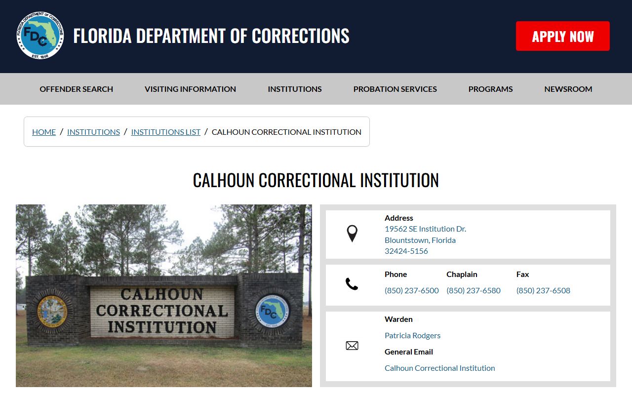 Florida Department of Corrections Calhoun Correctional Institution page for inmate search