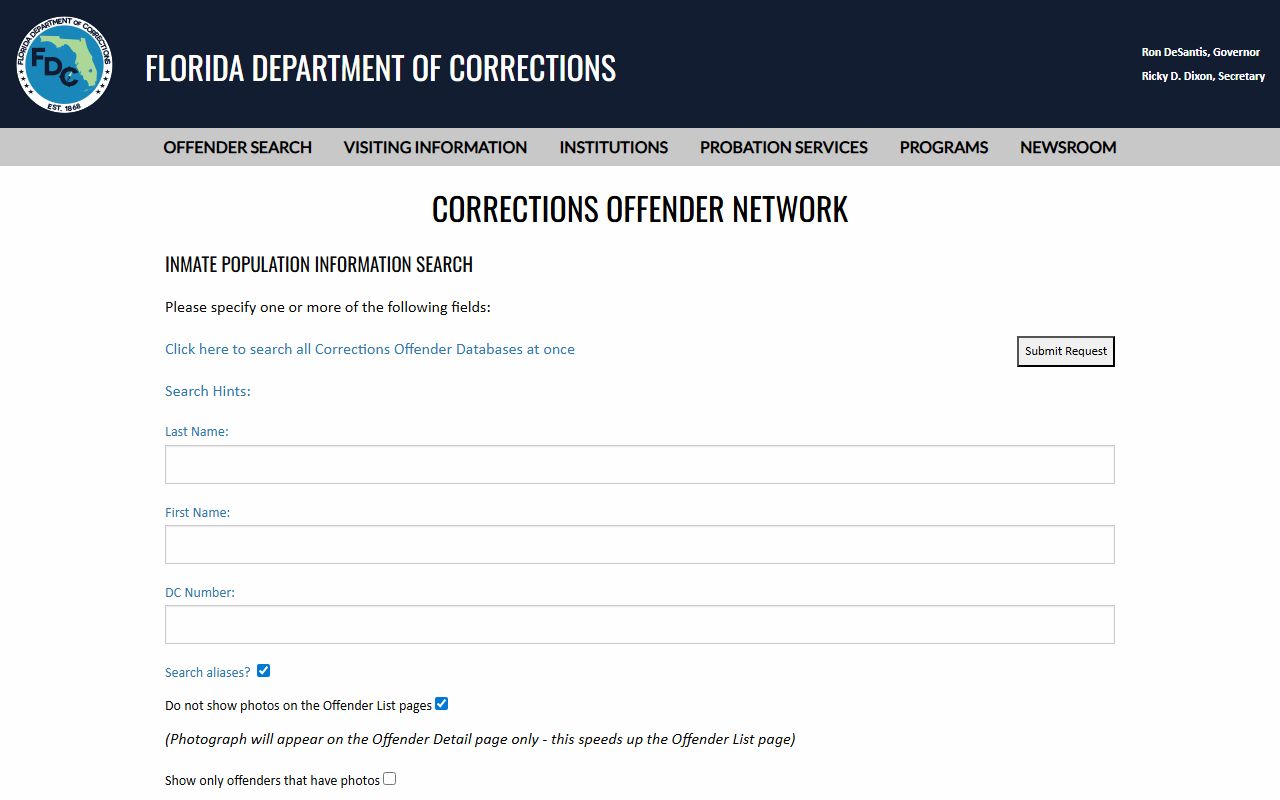 Florida Department of Corrections inmate population search for the state prison count