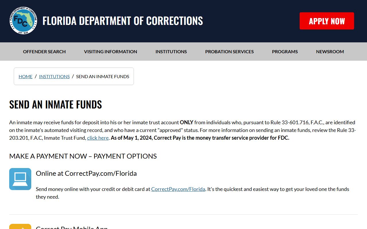 Florida Department of Corrections send funds page for Calhoun Correctional Institution inmates