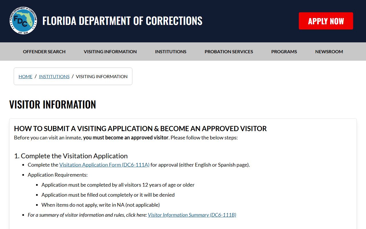 Florida Department of Corrections visiting information page for Calhoun Correctional Institution inmates